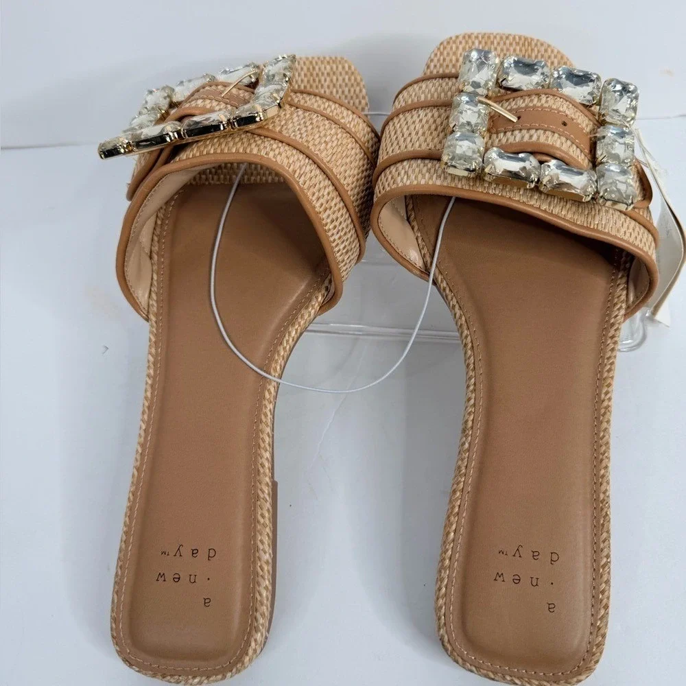 A New Day Kelsey Rhinestone Buckle Slide Sandals Beige Tan Size  8.5 NWT